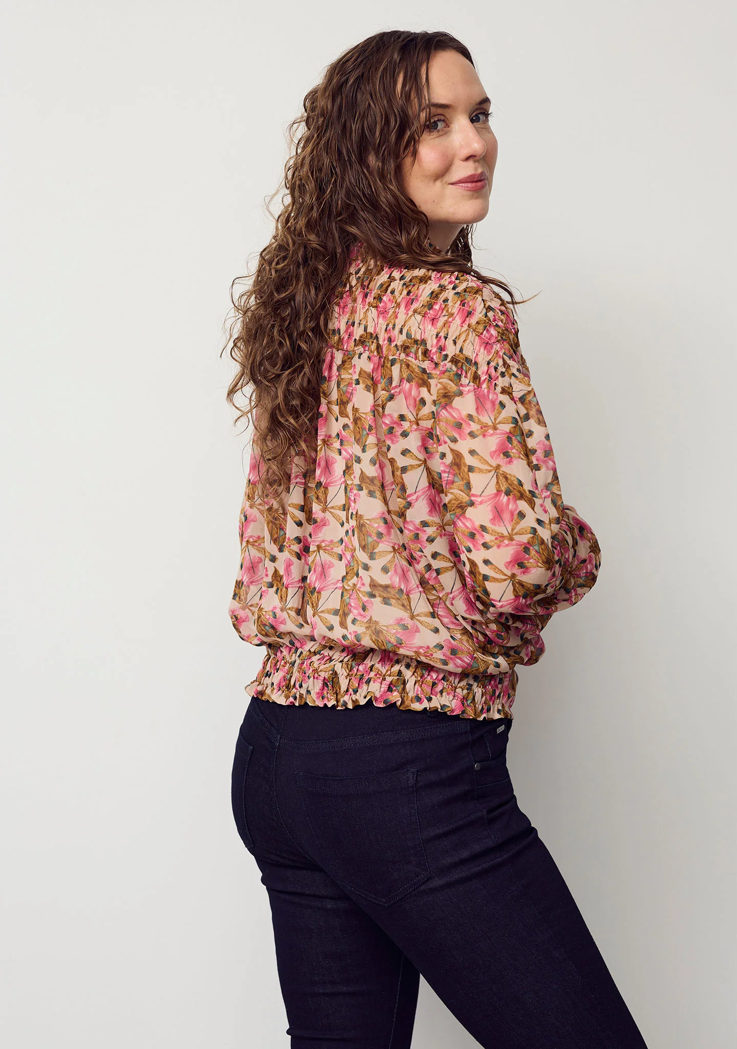 Delta Smock Blouse - Pink Leaves - Image 3