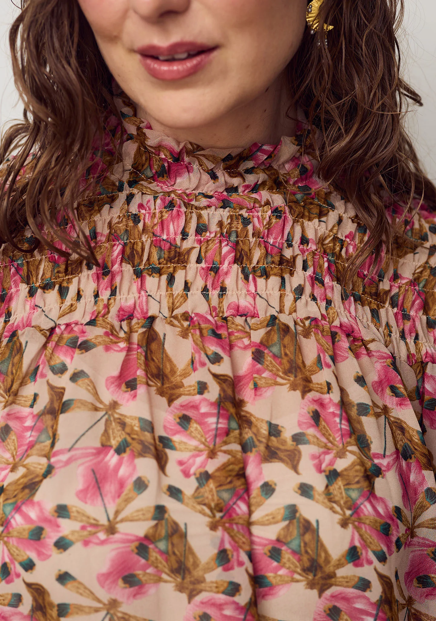 Delta Smock Blouse - Pink Leaves - Image 4