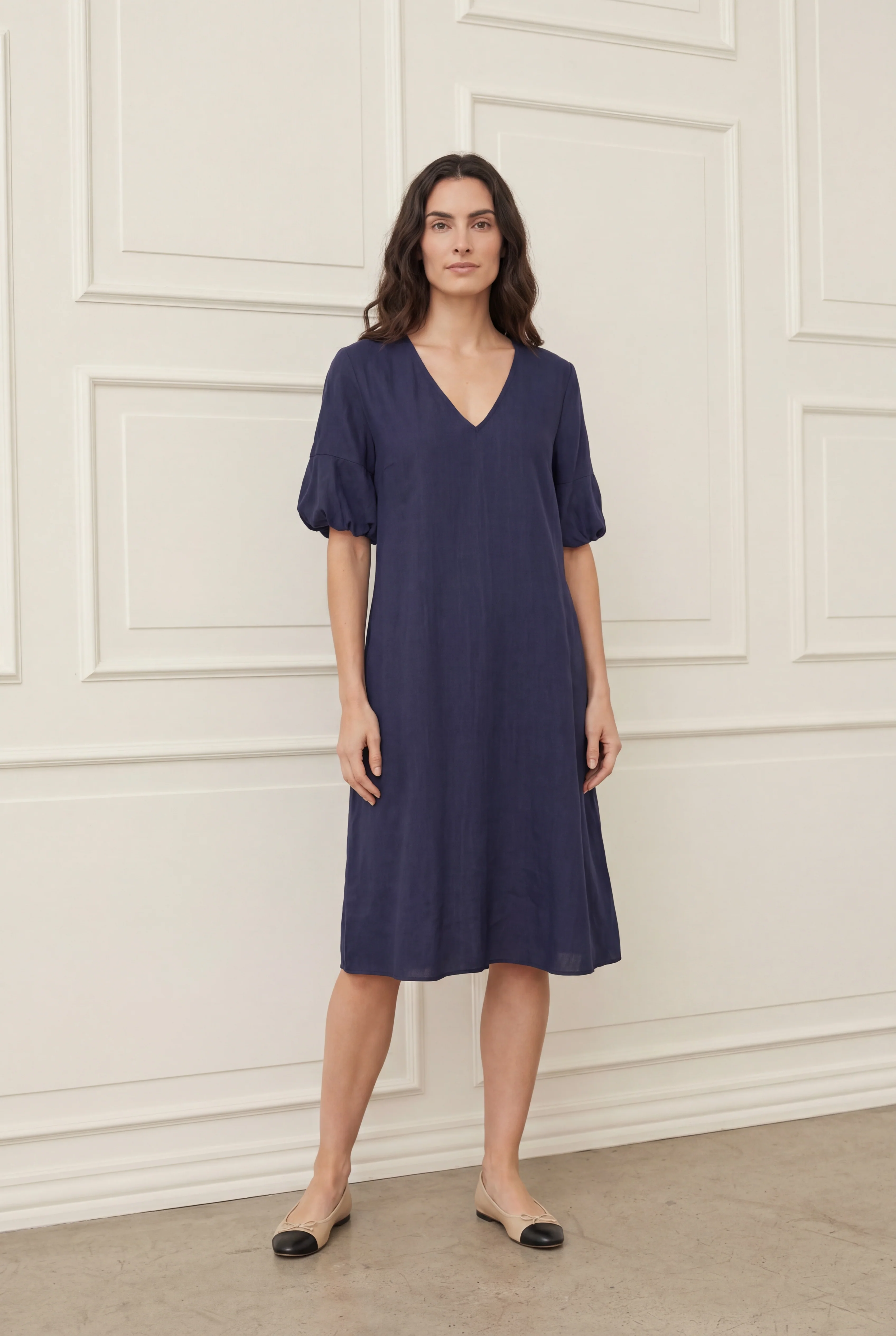 Pearl Baloon Sleeve Dress - Navy