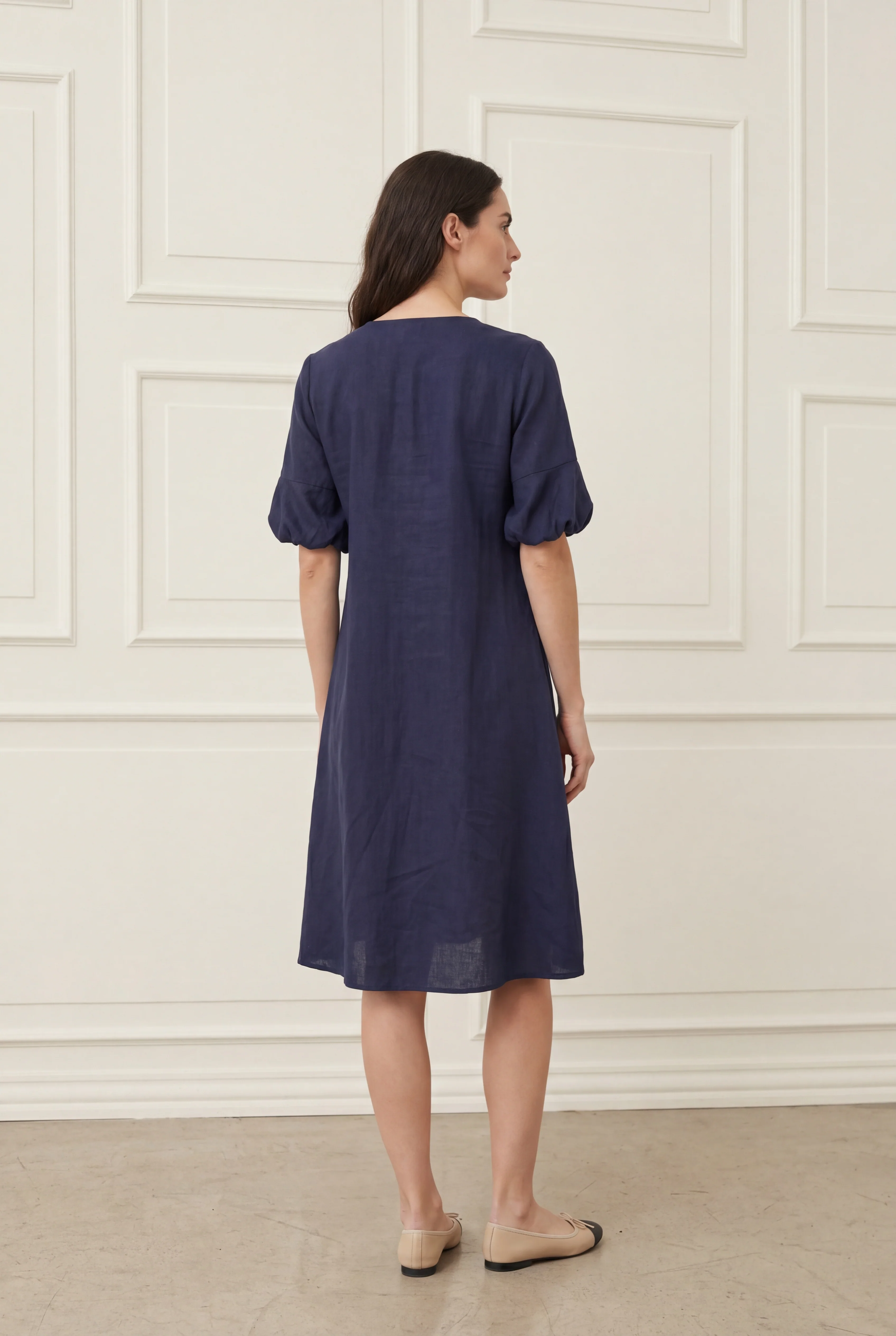 Pearl Baloon Sleeve Dress - Navy - Image 2